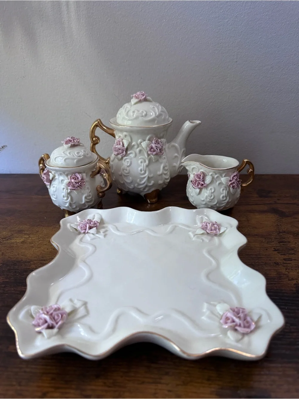 Vintage Cracker Barrel Ivory Porcelain 6 Pc Tea Set Raised Pink Roses Gold Trim